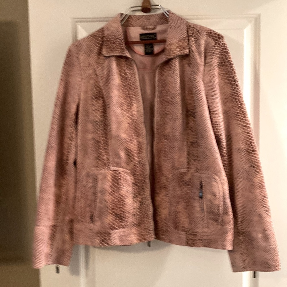 Women’s Dialogue jacket sz L zip front bomber style snake print pinks & tan - Picture 1 of 4